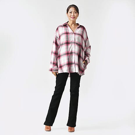 La Marey 100% Cotton Y-D Check Pattern with Side Two Pocket Shirt (Size L) - Pink