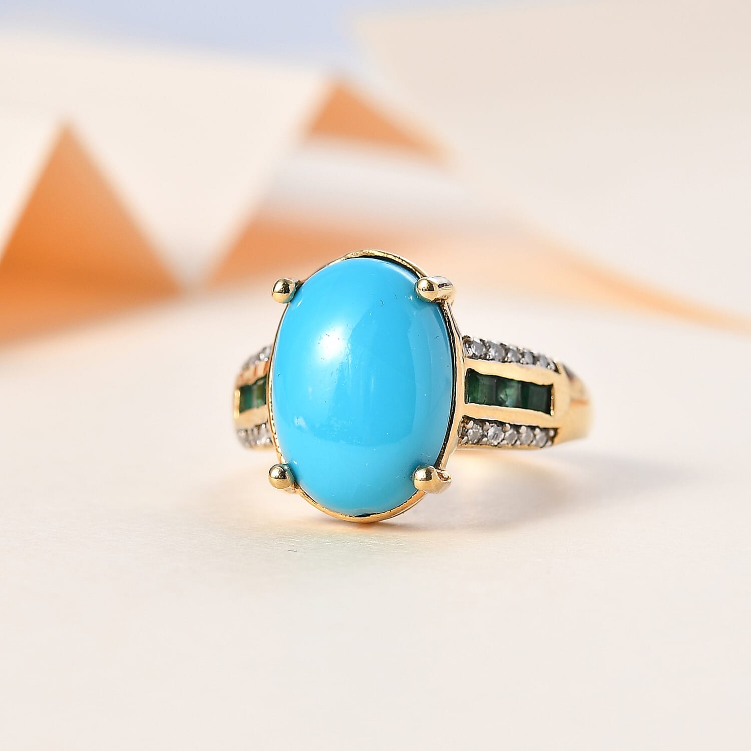 Arizona Sleeping Beauty Turquoise, Moissanite & Zambian Emerald Ring in 18K Vermeil YG Plated Sterling Silver 5.35 Ct