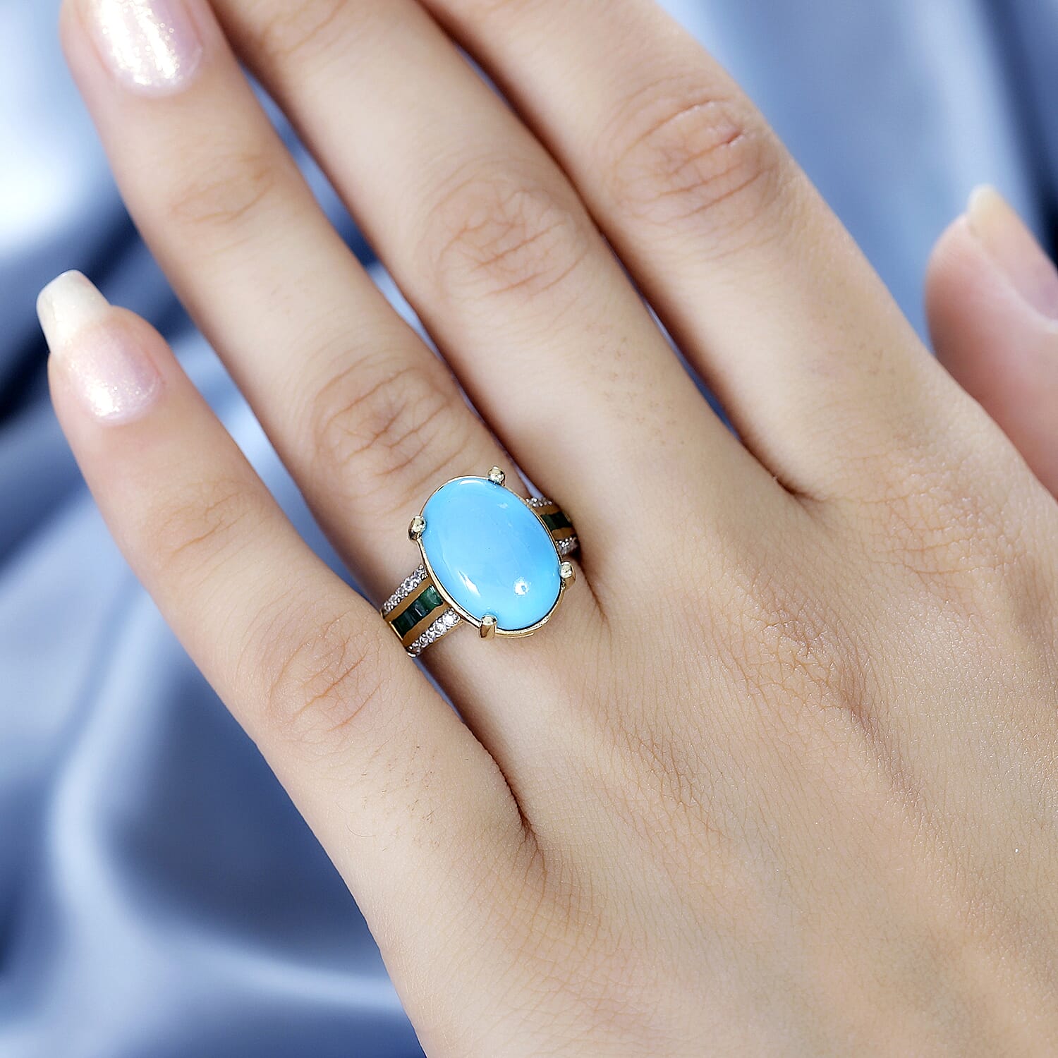 Arizona Sleeping Beauty Turquoise, Moissanite & Zambian Emerald Ring in 18K Vermeil YG Plated Sterling Silver 5.35 Ct