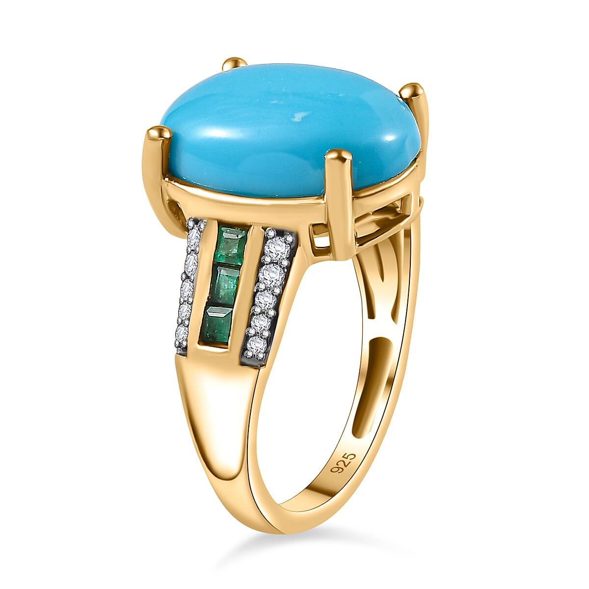 Arizona Sleeping Beauty Turquoise, Moissanite & Zambian Emerald Ring in 18K Vermeil YG Plated Sterling Silver 5.35 Ct