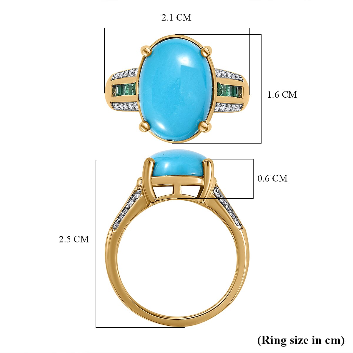 Arizona Sleeping Beauty Turquoise, Moissanite & Zambian Emerald Ring in 18K Vermeil YG Plated Sterling Silver 5.35 Ct