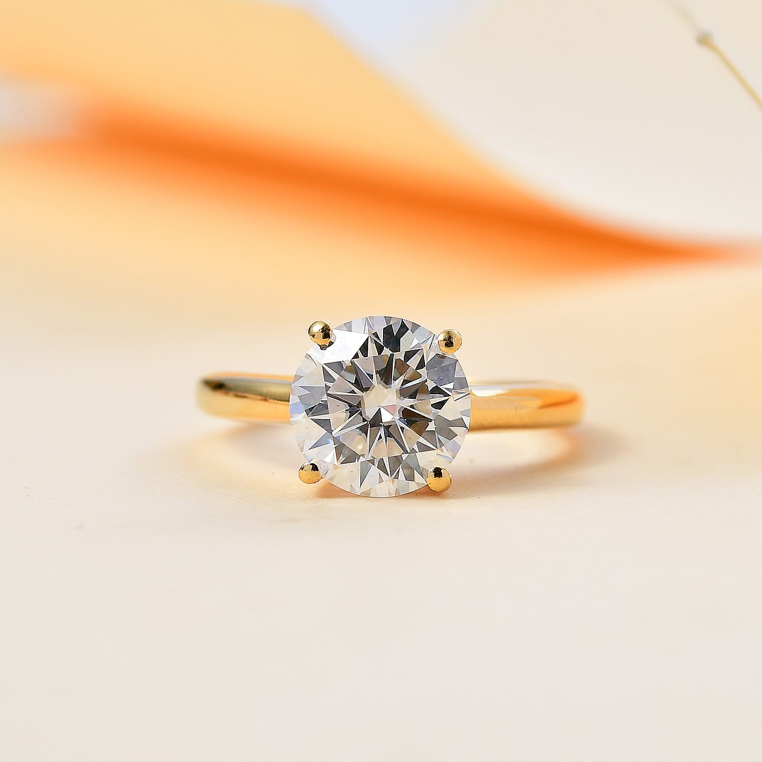 Moissanite Solitaire Ring in 18K Vermeil YG Plated Sterling Silver 2.10 Ct