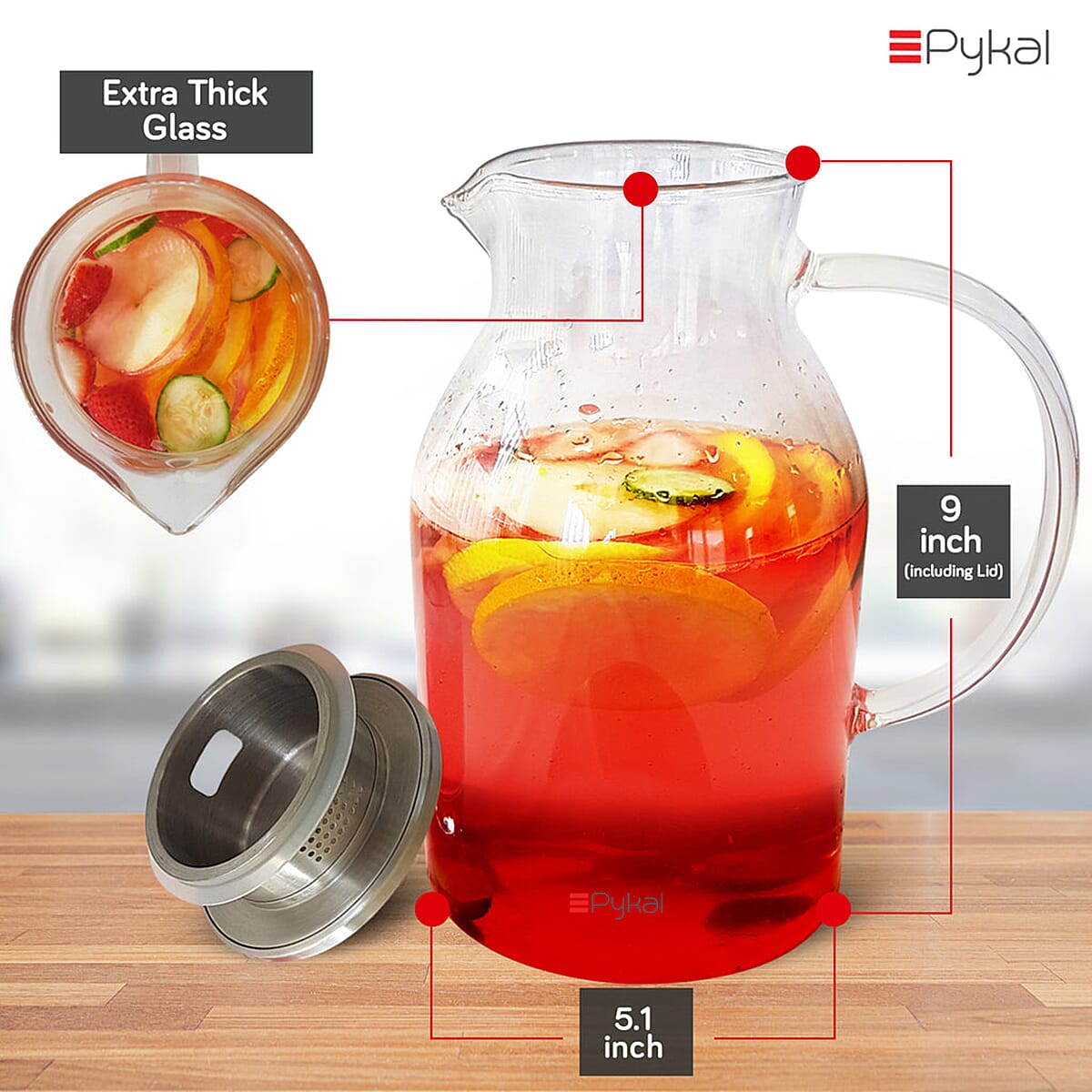 Pykal Hot & Cold Glass Jug with Lid 2L