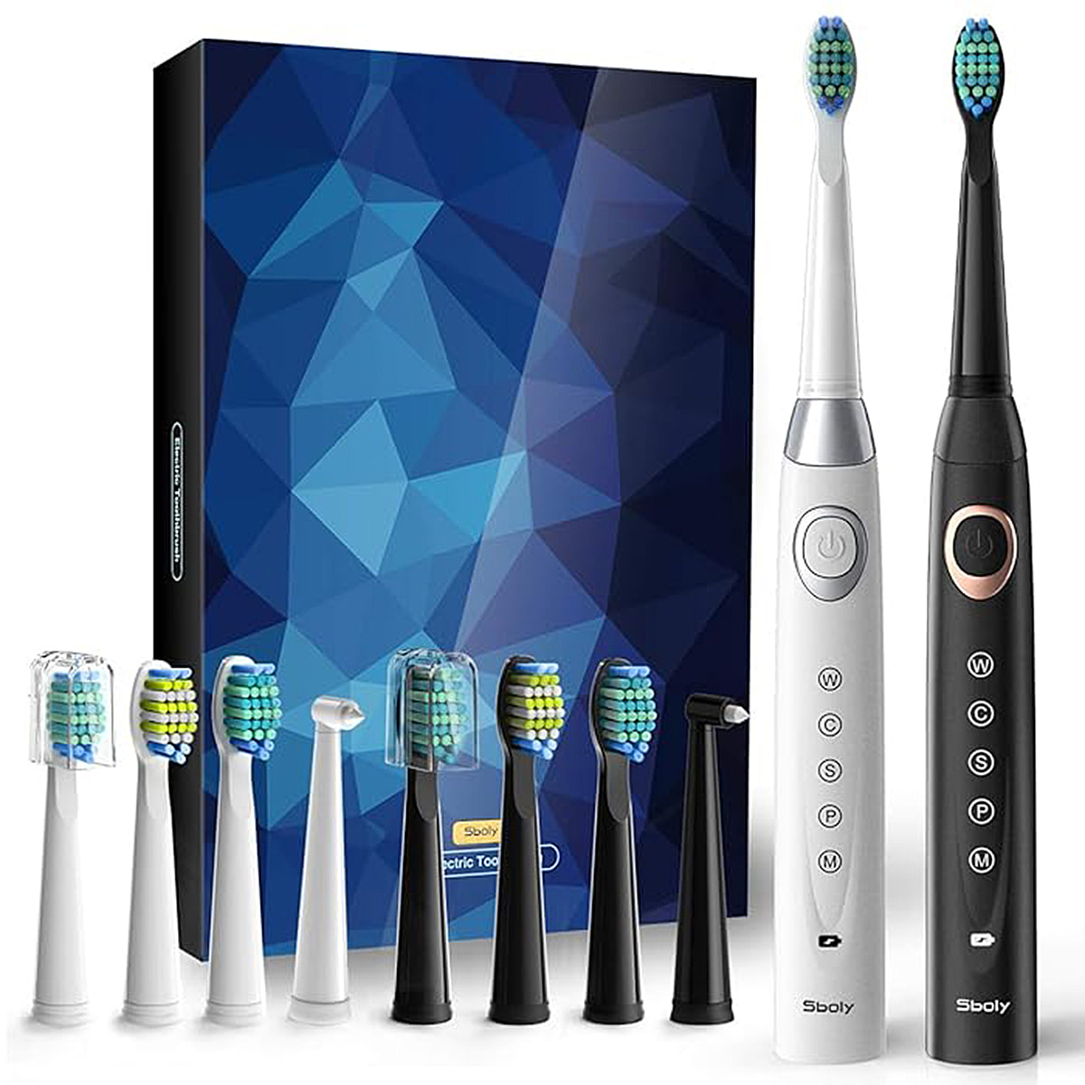 Set Of 2 Sonic Toothbrushes with 8 Replacement Heads - 40,000 Strokes Per Min, 5 Modes, 2 Min Smart Timer, 4Hr Charge - 30 Days Use