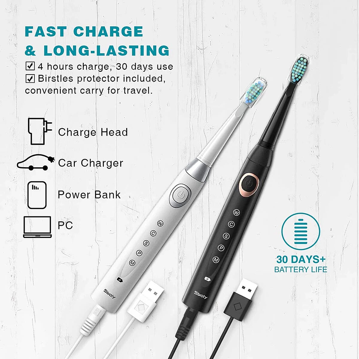 Set Of 2 Sonic Toothbrushes with 8 Replacement Heads - 40,000 Strokes Per Min, 5 Modes, 2 Min Smart Timer, 4Hr Charge - 30 Days Use