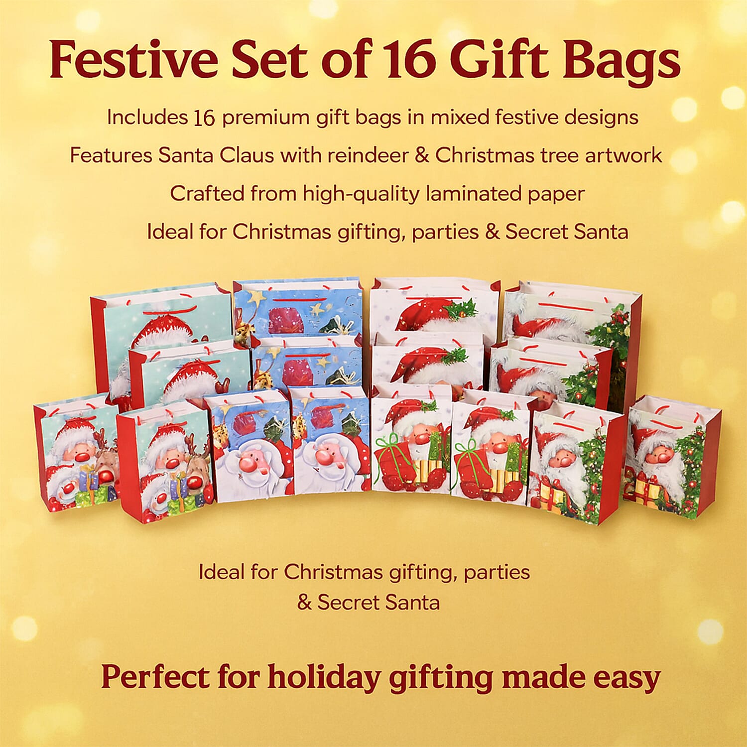 Christmas Gift Bags Set of 16 Style- Santa Claus with Reindeer,  Christmas Tree & Gift.