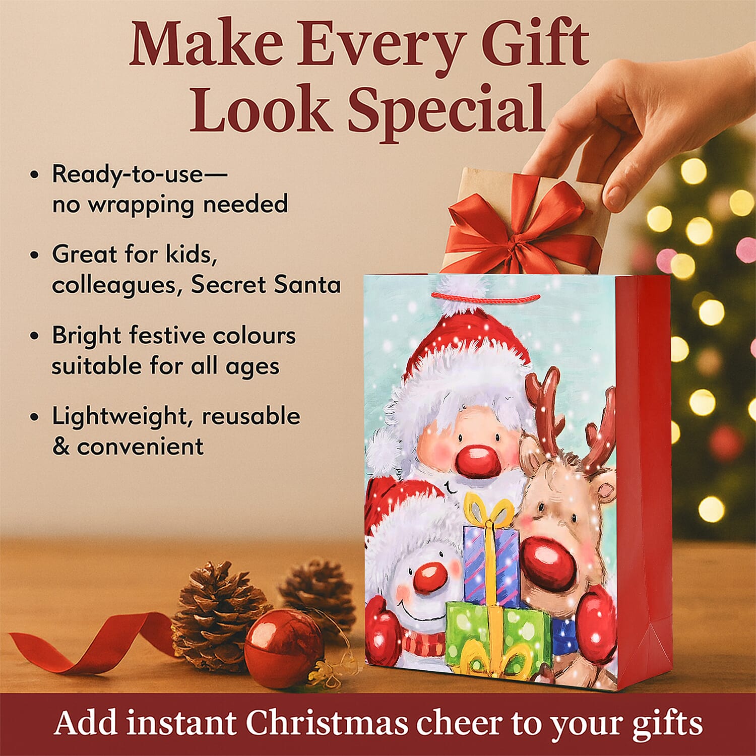 Christmas Gift Bags Set of 16 Style- Santa Claus with Reindeer,  Christmas Tree & Gift.