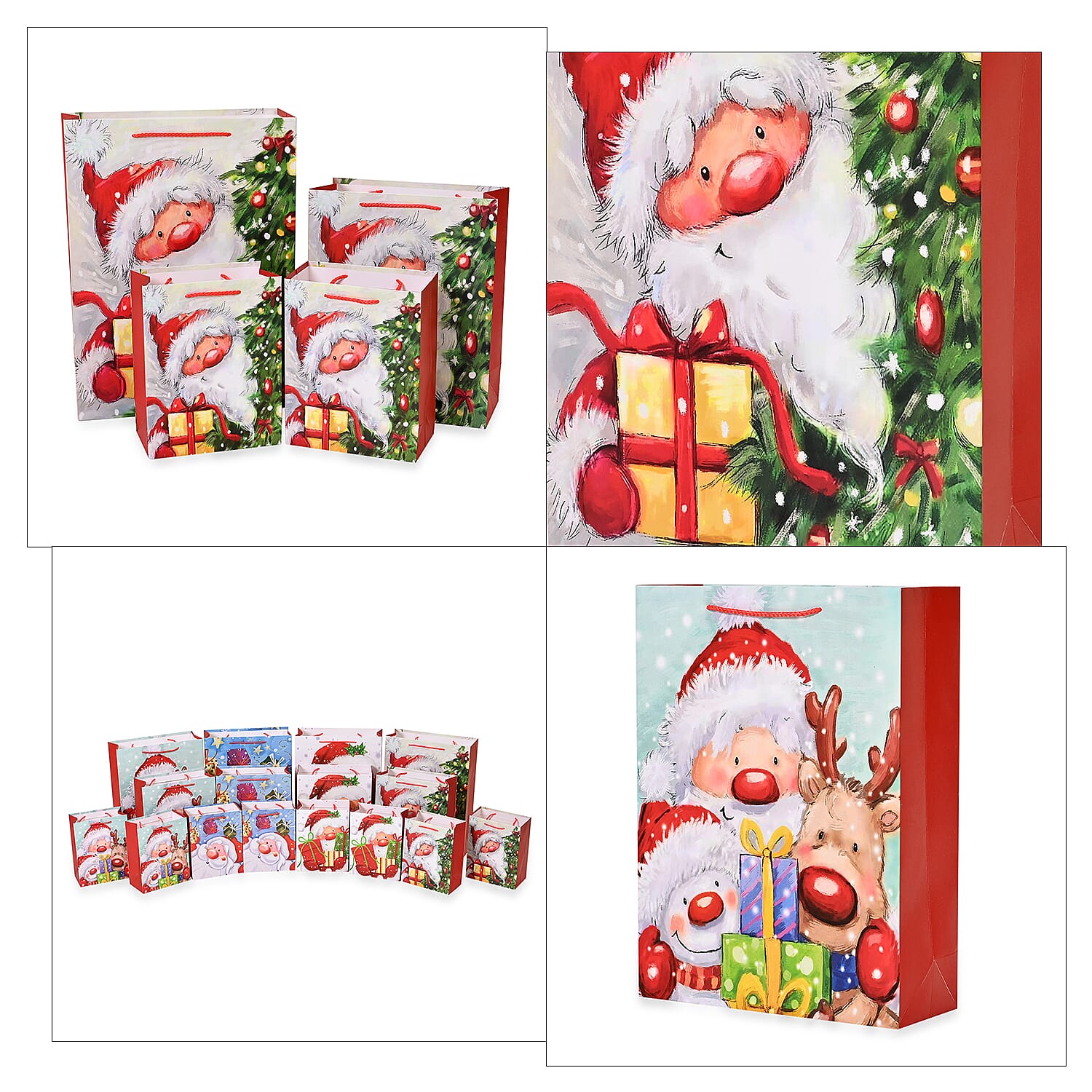 Christmas Gift Bags Set of 16 Style- Santa Claus with Reindeer,  Christmas Tree & Gift.