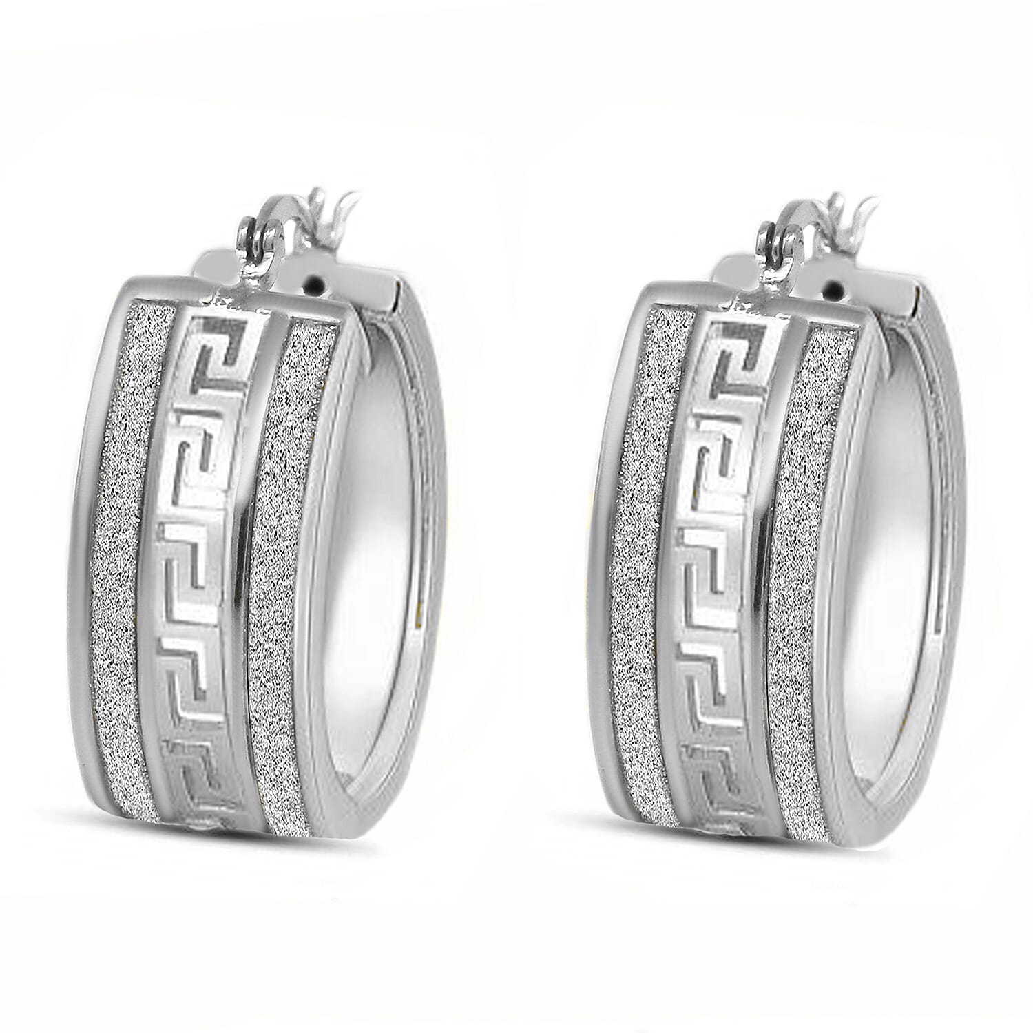 Rhodium Overlay Sterling Greek Key Hoop Earrings with Sand Dust, Silver Wt. 7.40 Gms