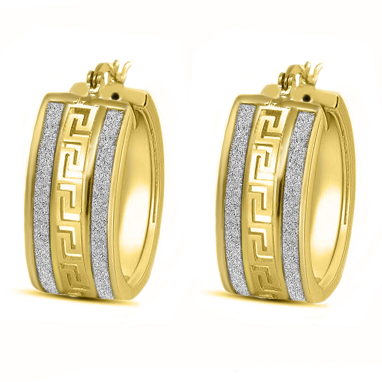 Gold Overlay Sterling Silver Greek Key Hoop Earrings with Sand Dust