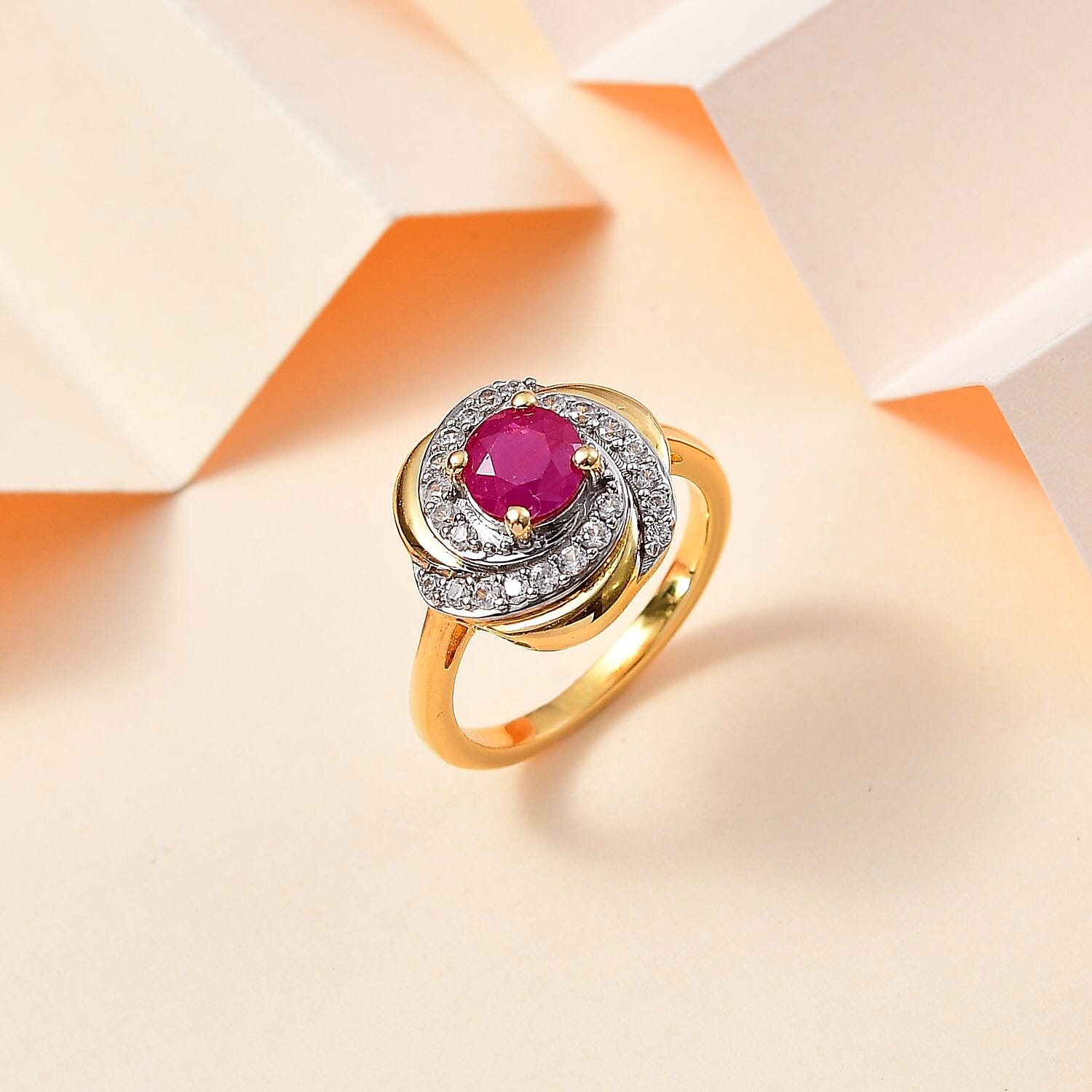 Natural John Saul Ruby & Natural Zircon Floral Ring in 18K Vermeil YG Plated Sterling Silver 1.55 Ct