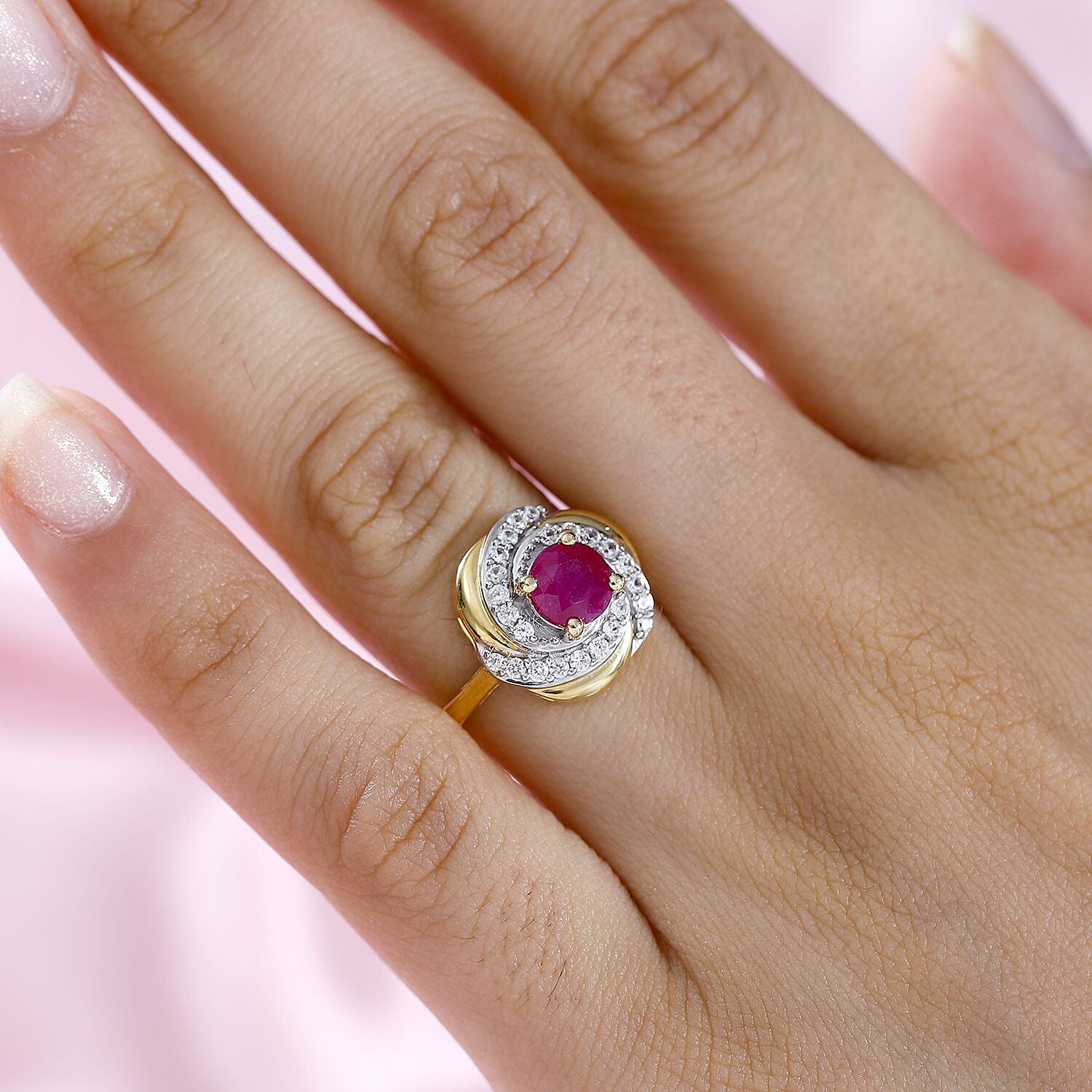Natural John Saul Ruby & Natural Zircon Floral Ring in 18K Vermeil YG Plated Sterling Silver 1.55 Ct