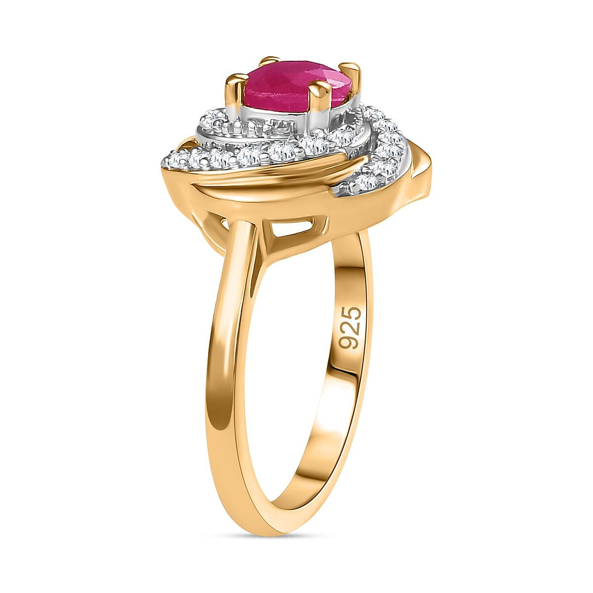 Natural John Saul Ruby & Natural Zircon Floral Ring in 18K Vermeil YG Plated Sterling Silver 1.55 Ct