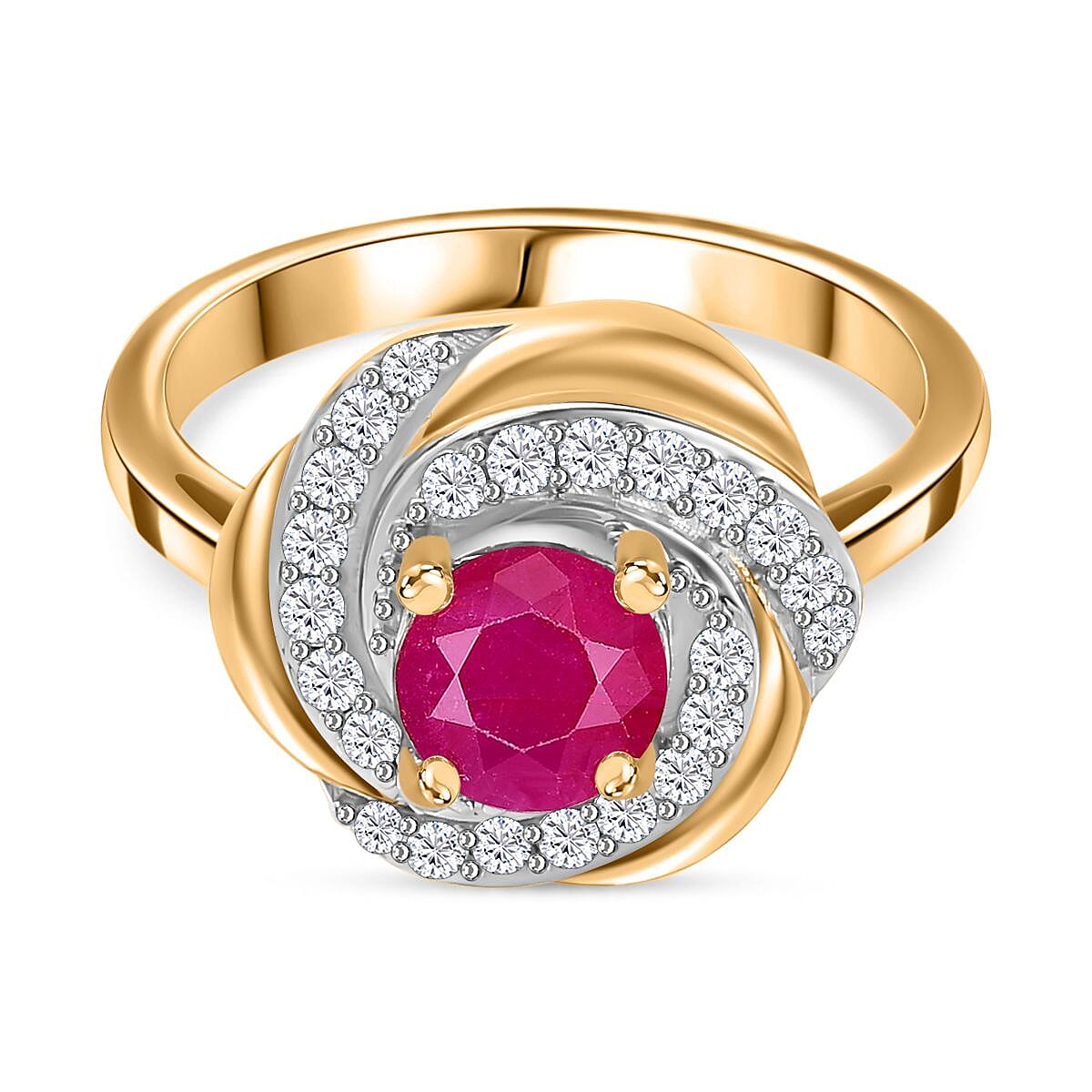 Natural John Saul Ruby and Natural Zircon Floral Ring in 18K Vermeil Yellow Gold Plated Sterling Silver 1.60 Ct