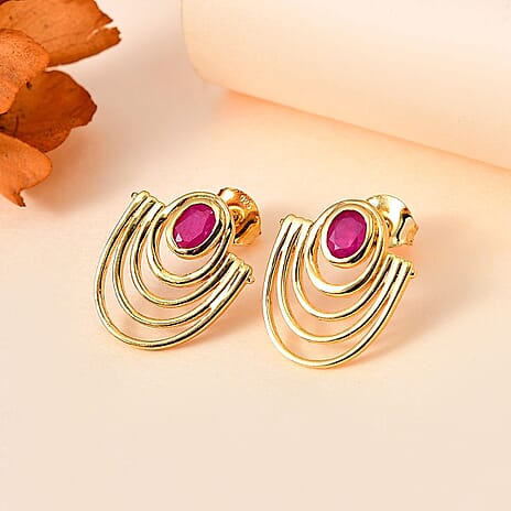 Natural John Saul Ruby Solitaire Stud Earrings with Push Back in 18K Vermeil Yellow Gold Plated Sterling Silver