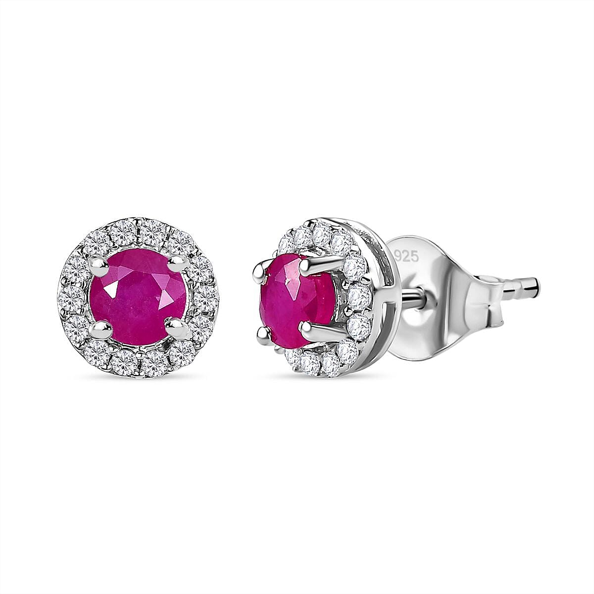 Natural John Saul Ruby & Natural Zircon Halo Stud Earrings in Platinum Overlay Sterling Silver