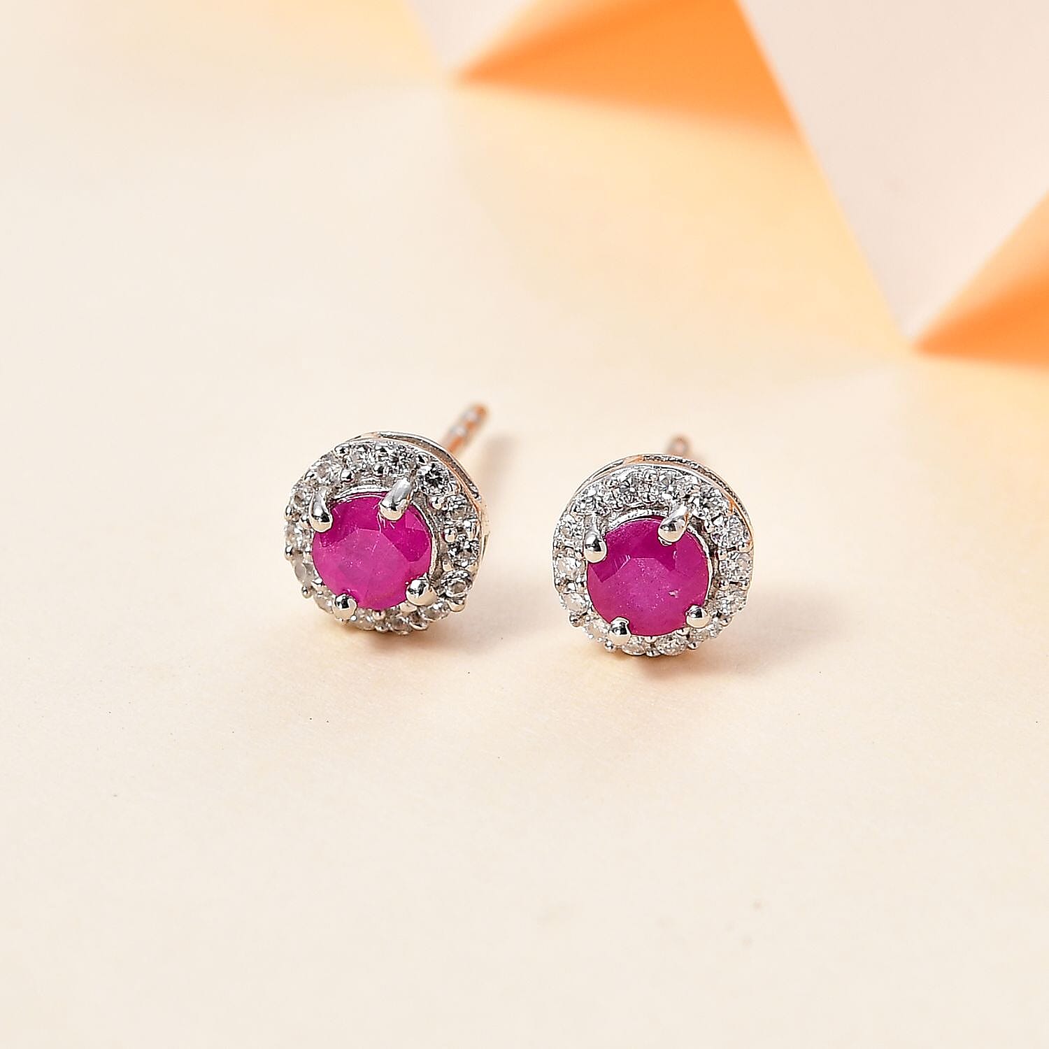 Natural John Saul Ruby & Natural Zircon Halo Stud Earrings in Platinum Overlay Sterling Silver
