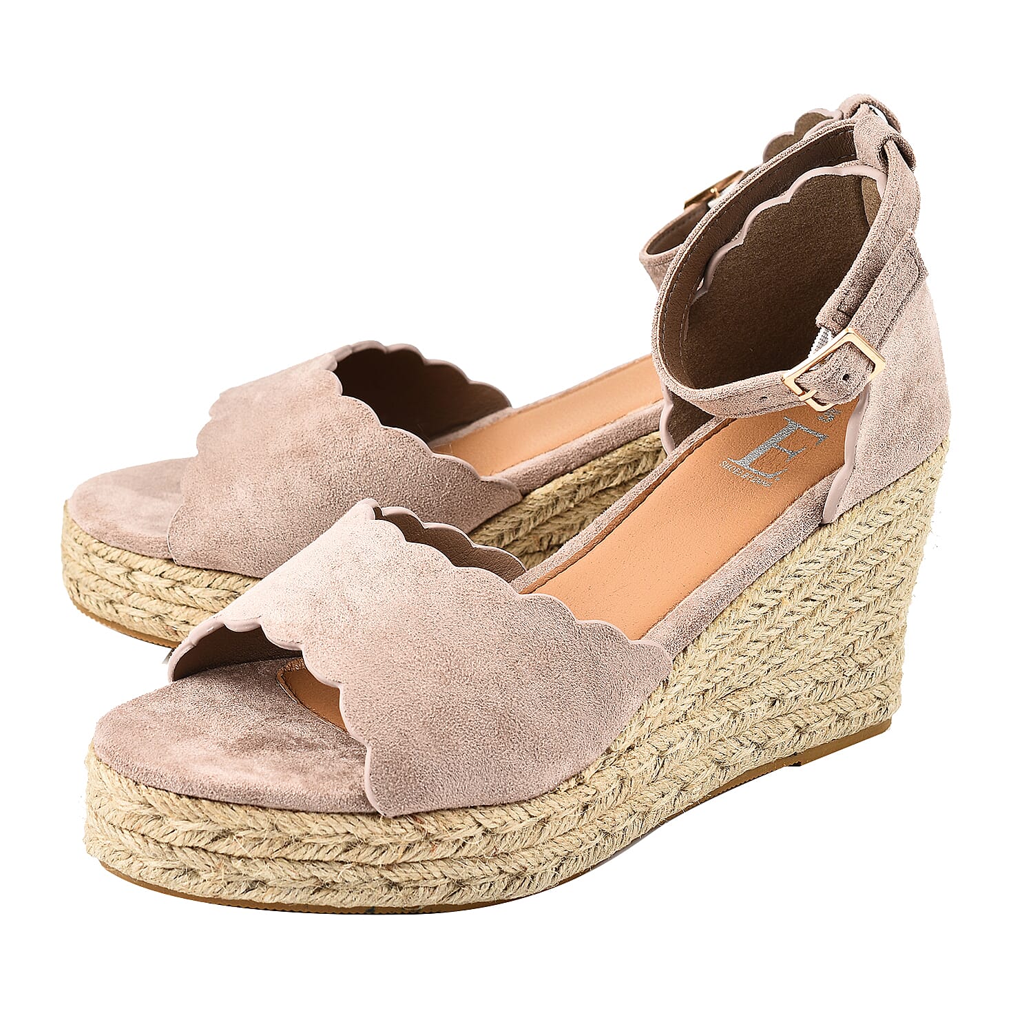 Espadrille Ladies Ria High Wedge Sandal with Scallop and Buckle (Size 4) - Sand