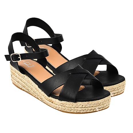 Jo - Joe Sunny Cross Strap Low Platform Wedge Sandal (Size 8) - Black