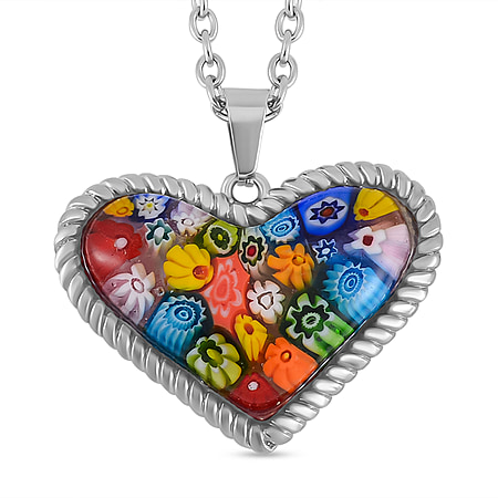 Multi Colour Murano Style Glass Necklace (Size - 24) in Pure White Stainless Steel