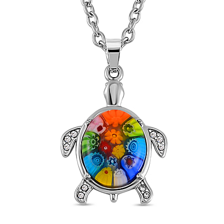 Multi Color Murano Glass Necklace Pure White Stainless Steel 0.010 Ct