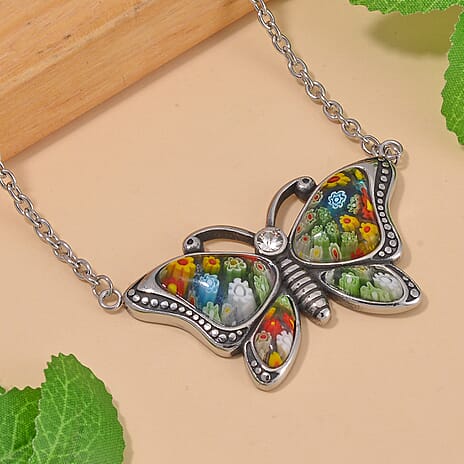 Multi Color Murano Glass  Necklace (Size - 24) Pure White Stainless Steel  0.01 ct  0.010  Ct.