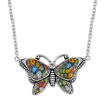 Multi Colour Murano Style Butterfly Stainless Steel Necklace (Size 24)