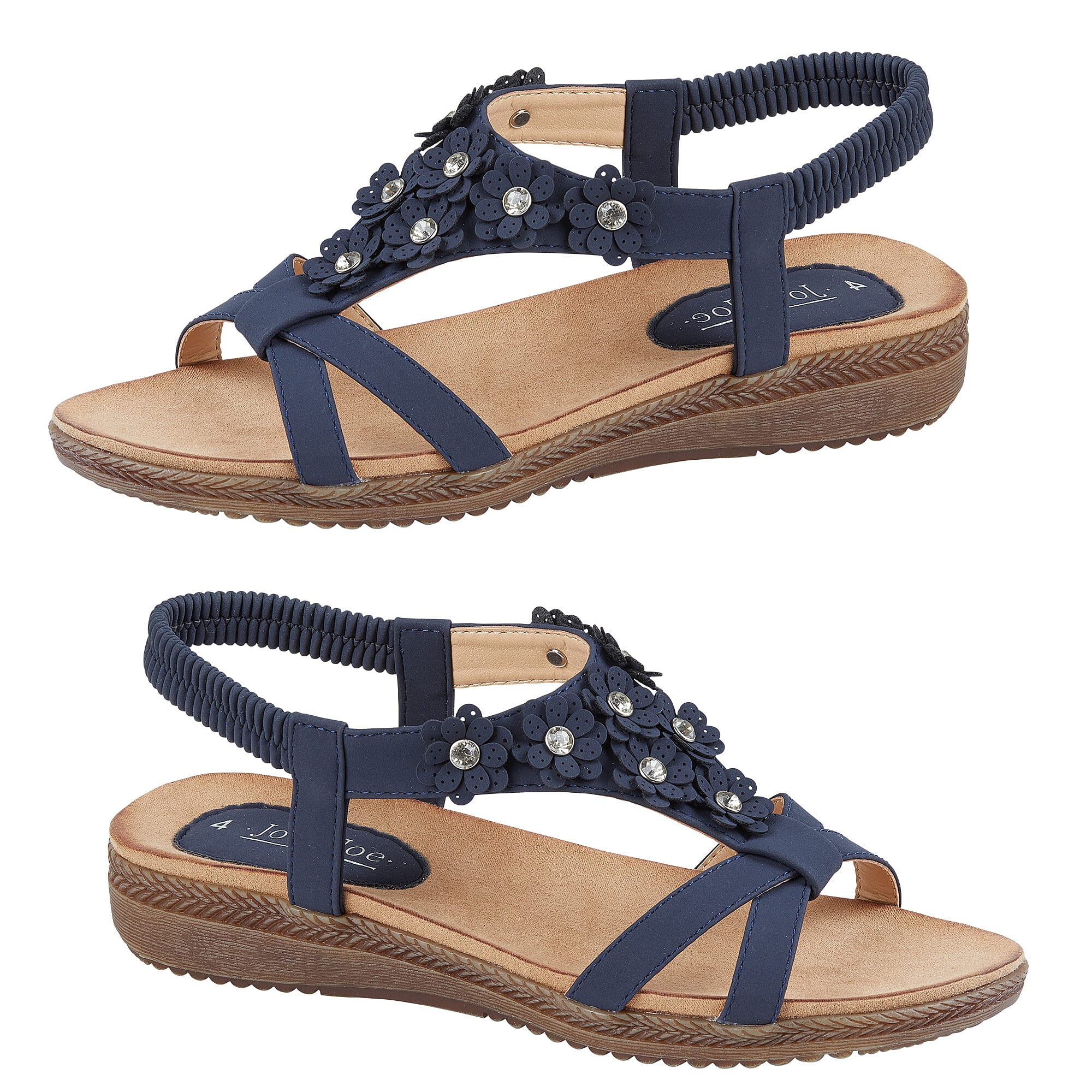 Jo & Joe Naples Cross Over Floral Embellishment Slight Wedge Sandal (Size 5) - Navy