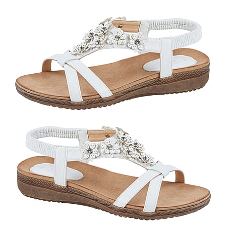 Jo - Joe Naples Cross Over Floral Embellishment Slight Wedge Sandal (Size 6) - White