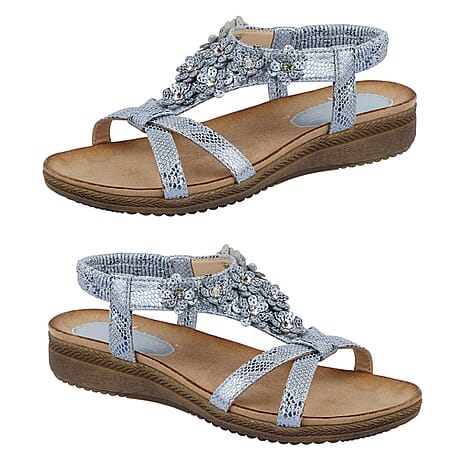 Jo - Joe Naples Cross Over Floral Embellishment Slight Wedge Sanda (Size 6) - Blue