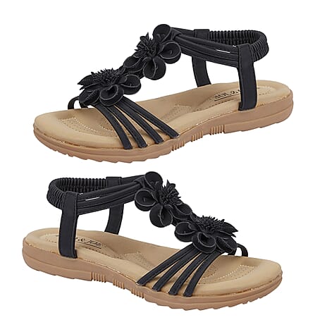 BEGONIA Ladies Floral Open Toe Sandal (Size 5) - Black