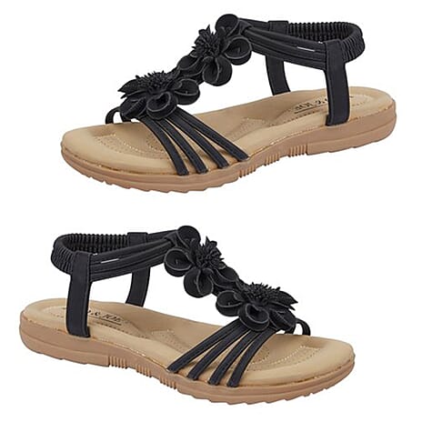 BEGONIA Ladies Floral Open Toe Sandal (Size 5) - Black