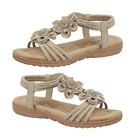 BEGONIA Ladies Floral Open Toe Sandal (Size 6) - Beige