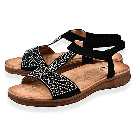 Diamante Trim Barbados Open Toe Embellished Sandal (Size 5) - Black