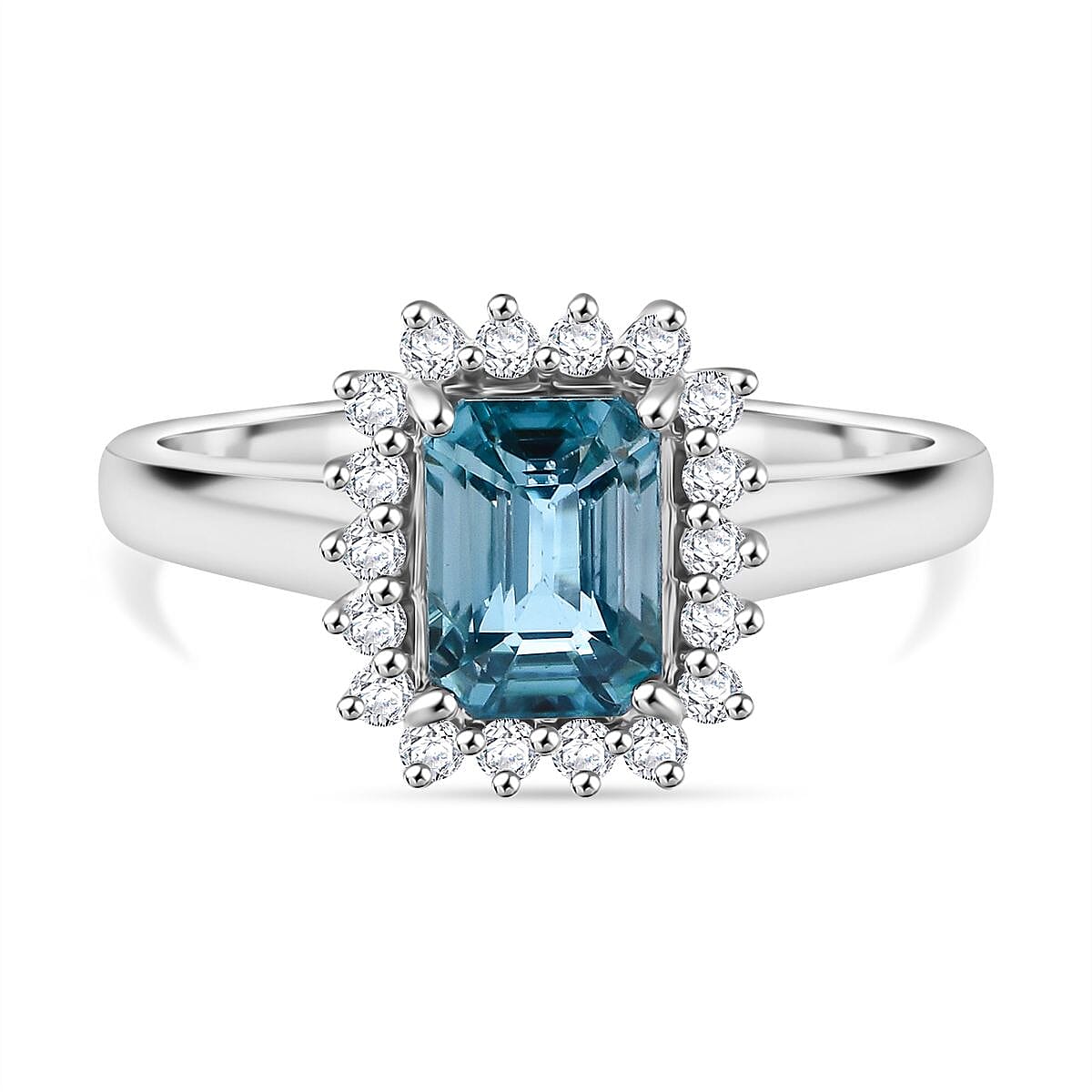 Blue Zircon, Moissanite Ring in Rhodium Overlay Sterling Silver 3.17 Ct.