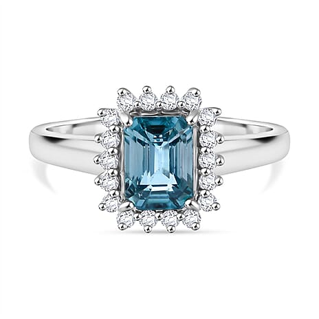 Blue Zircon, Moissanite Ring in Rhodium Overlay Sterling Silver 3.17 Ct.