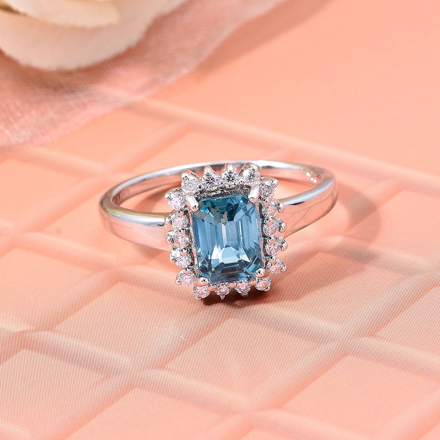 Blue Zircon, Moissanite Ring in Rhodium Overlay Sterling Silver 3.17 Ct.