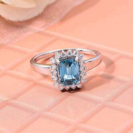 Blue Zircon, Moissanite Ring in Rhodium Overlay Sterling Silver 3.17 Ct.