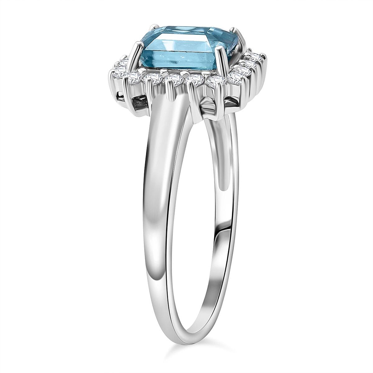 Blue Zircon, Moissanite Ring in Rhodium Overlay Sterling Silver 3.17 Ct.