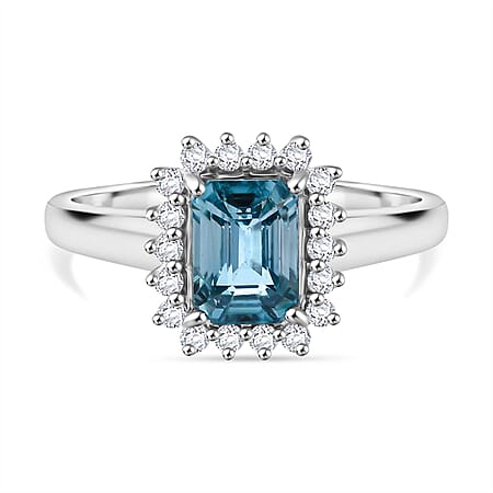 Blue Zircon, Moissanite Halo Ring in Rhodium Overlay Sterling Silver 3.17 ct.