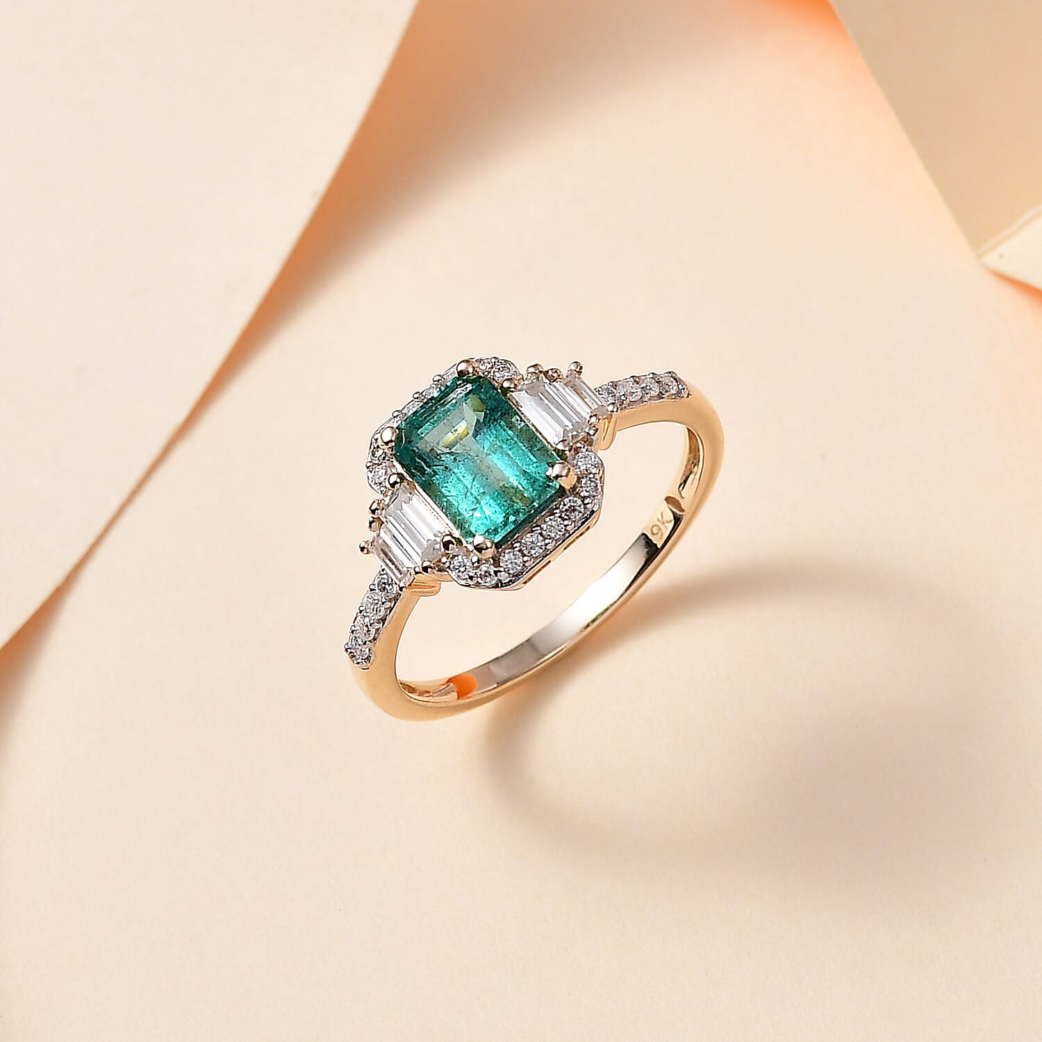 9K Yellow Gold AAA Gemfield Emerald & Moissanite Ring 2.14 Ct