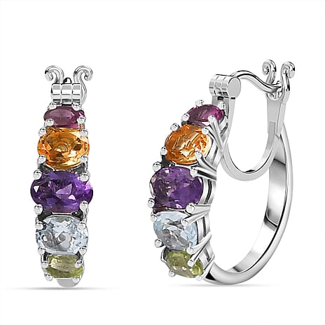 African Amethyst , Multi gemstones J Hoop Half Hoop Earring in Platinum Overlay Sterling Silver 3.60 ct  3.180  Ct.