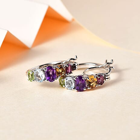 African Amethyst , Multi gemstones J Hoop Half Hoop Earring in Platinum Overlay Sterling Silver 3.60 ct  3.180  Ct.