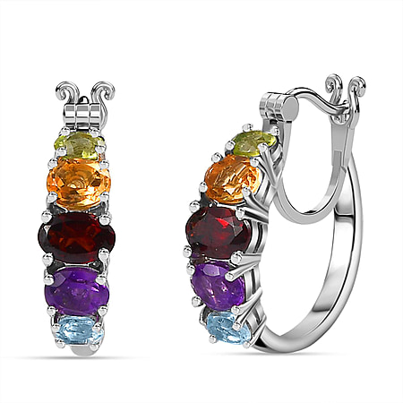 Mozambique Garnet , Multi gemstones J Hoop Half Hoop Earring in Platinum Overlay Sterling Silver 3.60 ct  3.202  Ct.