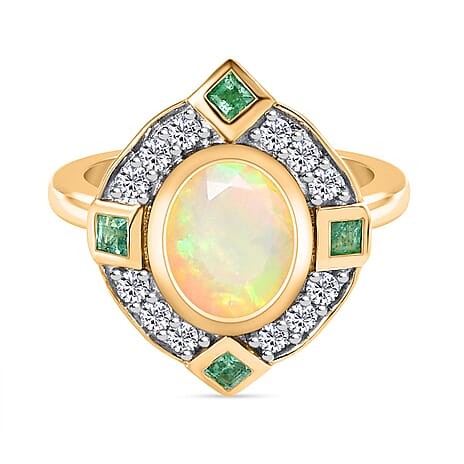 Ethiopian Welo Opal, Natural Zircon & Zambian Emerald Halo Ring in 18K Vermeil Yellow Gold Plated Sterling Silver 1.74 Ct