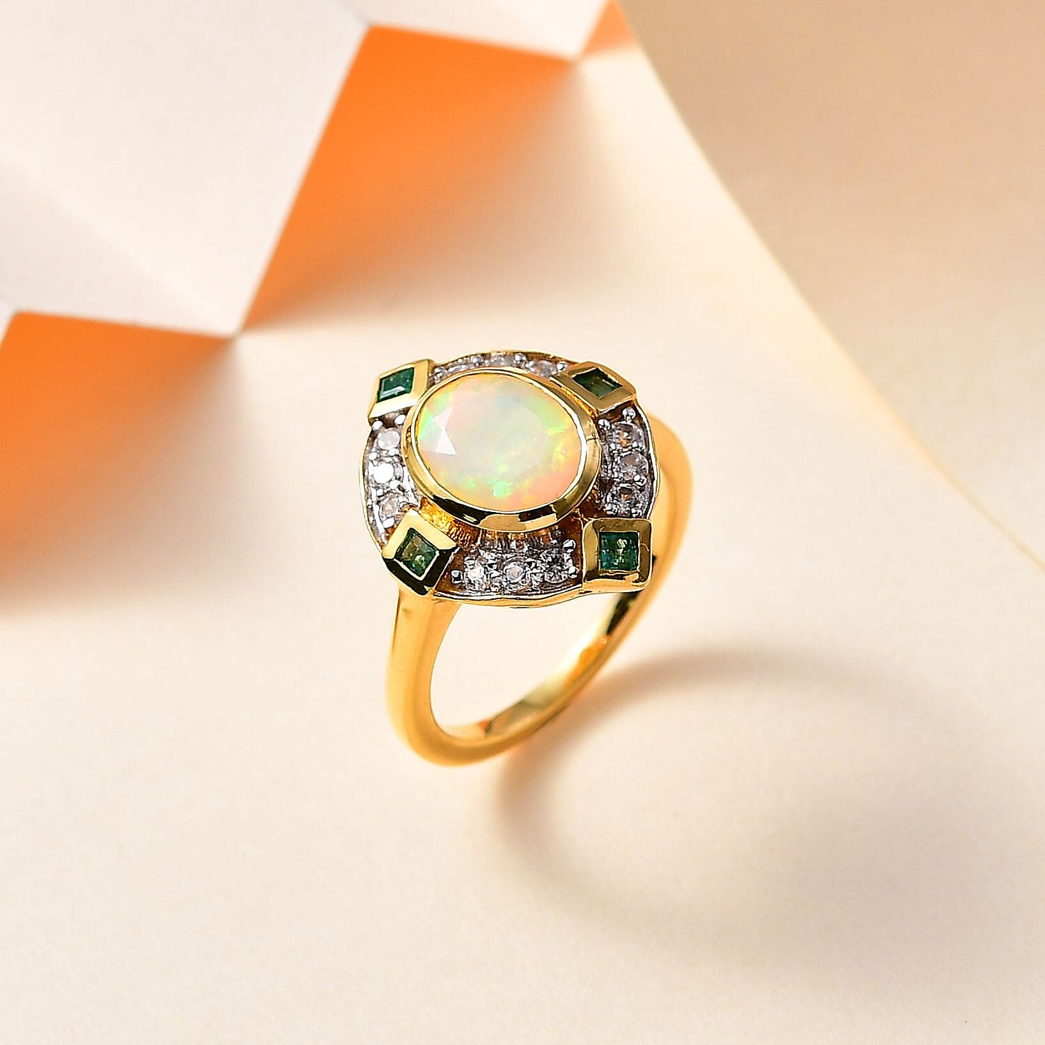 Ethiopian Welo Opal, Natural Zircon & Zambian Emerald Ring in 18K Vermeil YG Plated Sterling Silver 1.74 Ct