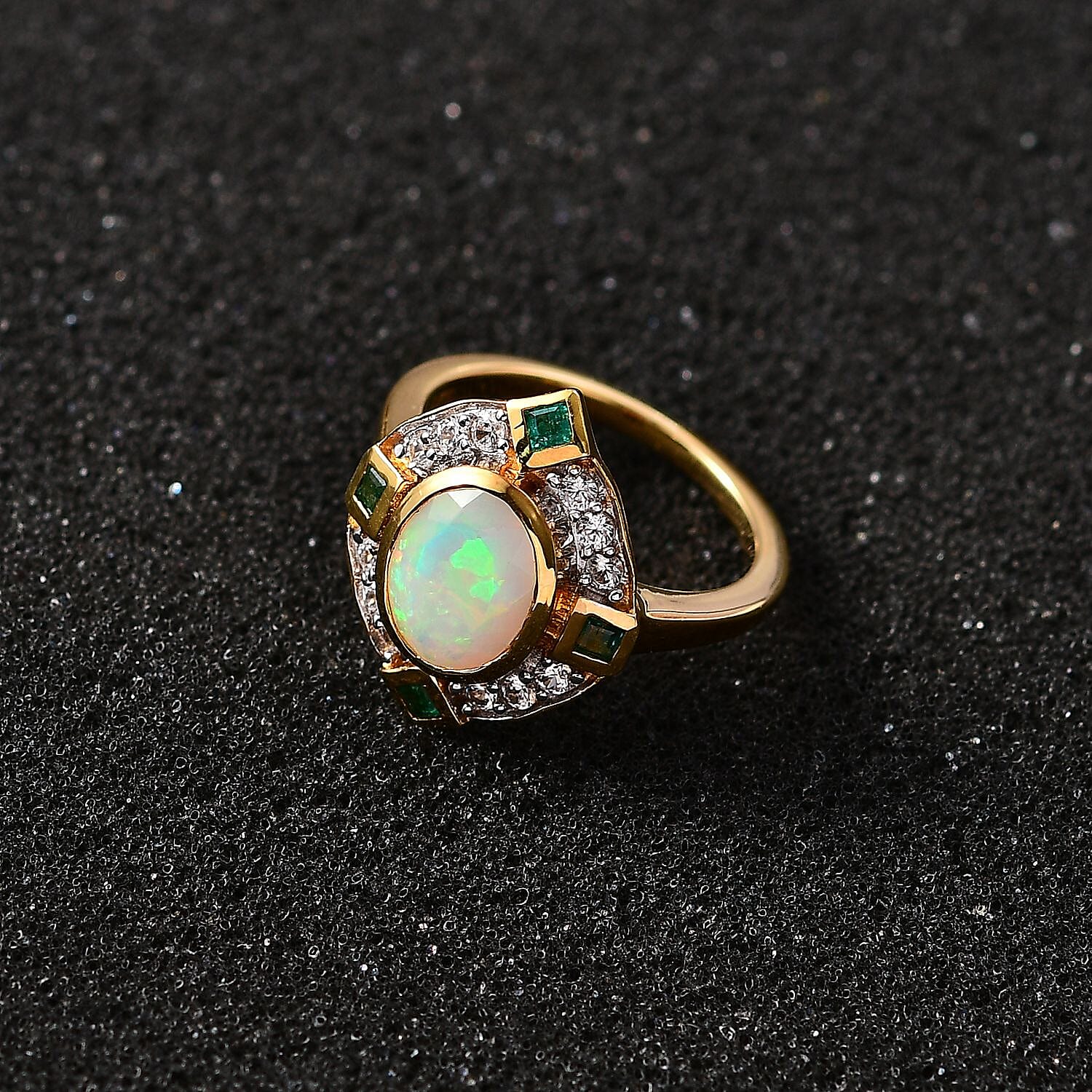 Ethiopian Welo Opal, Natural Zircon & Zambian Emerald Ring in 18K Vermeil YG Plated Sterling Silver 1.74 Ct