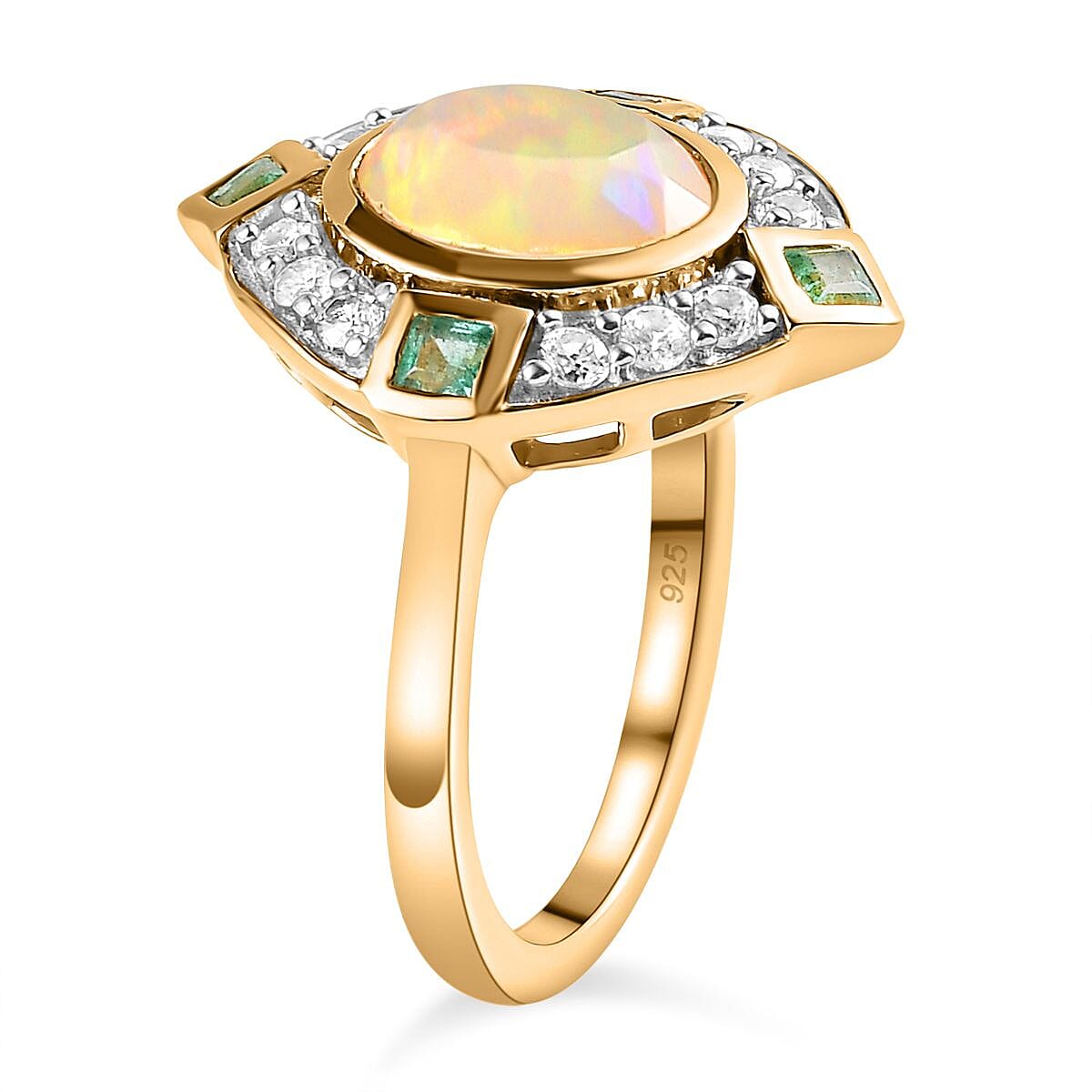 Ethiopian Welo Opal, Natural Zircon & Zambian Emerald Ring in 18K Vermeil YG Plated Sterling Silver 1.74 Ct