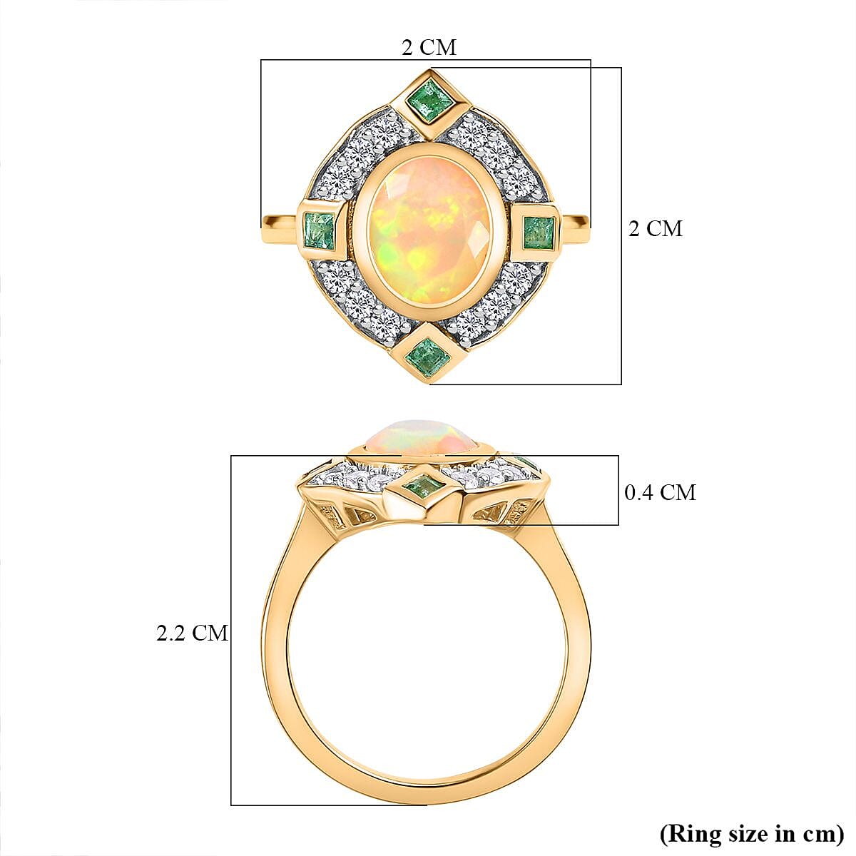 Ethiopian Welo Opal, Natural Zircon & Zambian Emerald Ring in 18K Vermeil YG Plated Sterling Silver 1.74 Ct