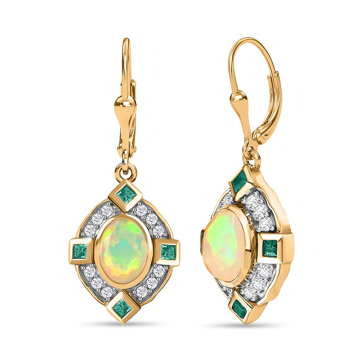 Ethiopian Welo Opal,Emerald & Natural Zircon Earrings in 18K Vermeil YG Plated Sterling Silver 2.46 Ct, Silver Wt. 7.13 Gms